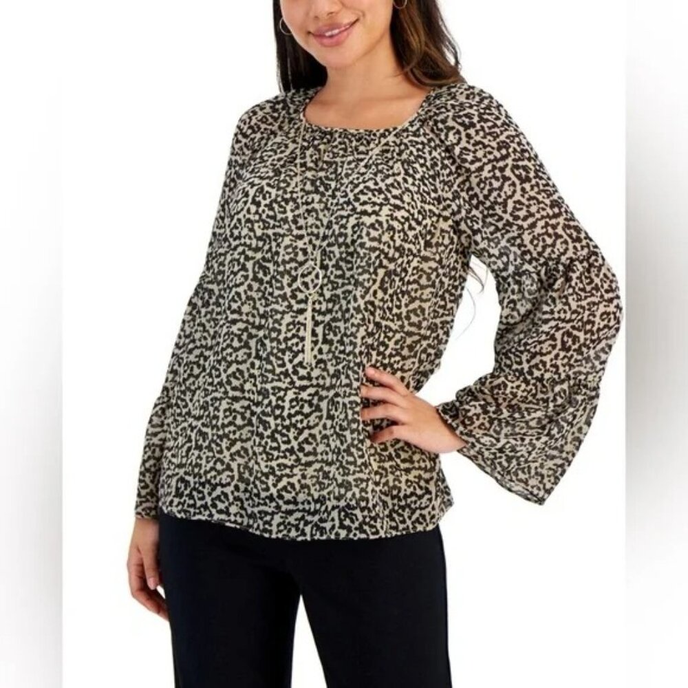 JM Collection Women's Animal Print Blouse - Black and Tan